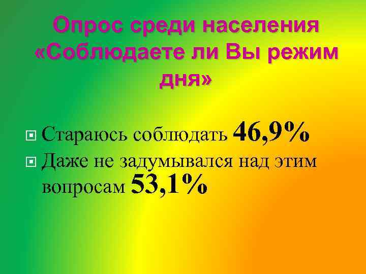 Опрос среди населения «Соблюдаете ли Вы режим дня» Стараюсь соблюдать 46, 9% Даже не