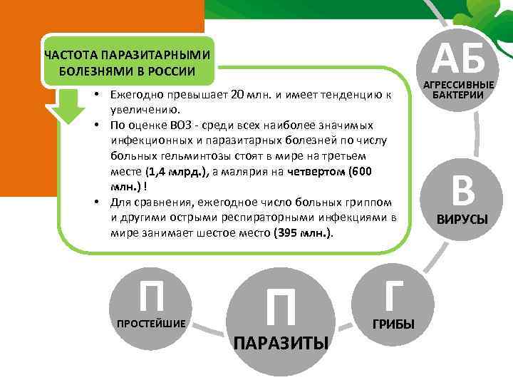 АБ ЧАСТОТА ПАРАЗИТАРНЫМИ БОЛЕЗНЯМИ В РОССИИ • Ежегодно превышает 20 млн. и имеет тенденцию
