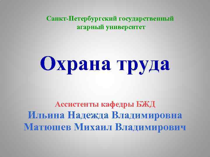 Санкт-Петербургский государственный агарный университет Охрана труда Ассистенты кафедры БЖД Ильина Надежда Владимировна Матюшев Михаил