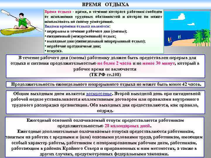 ВРЕМЯ ОТДЫХА Время отдыха - время, в течение которого работник свободен от исполнения трудовых