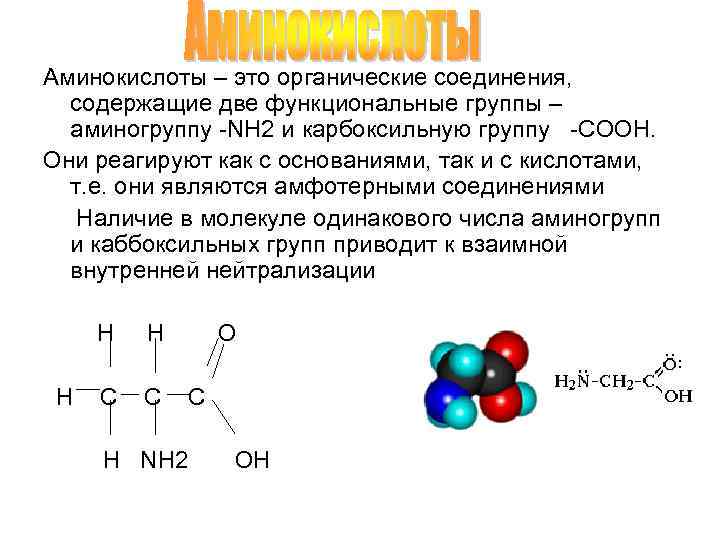 Аминокислоты – это органические соединения, содержащие две функциональные группы – аминогруппу NH 2 и