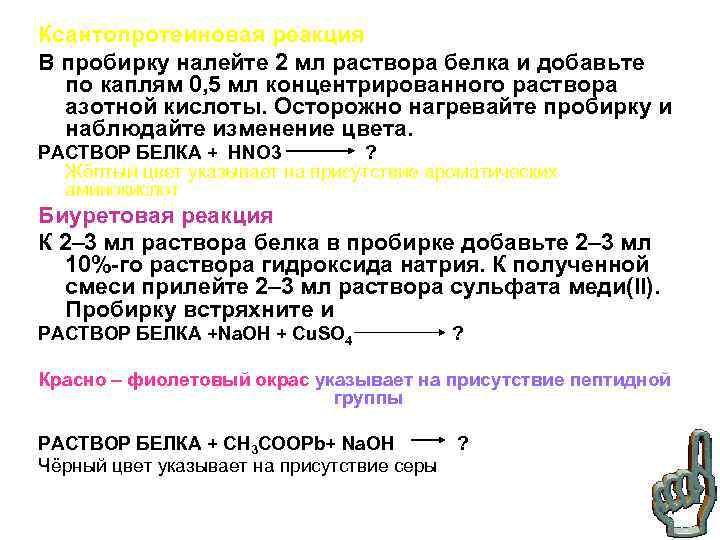 Ксантопротеиновая реакция В пробирку налейте 2 мл раствора белка и добавьте по каплям 0,
