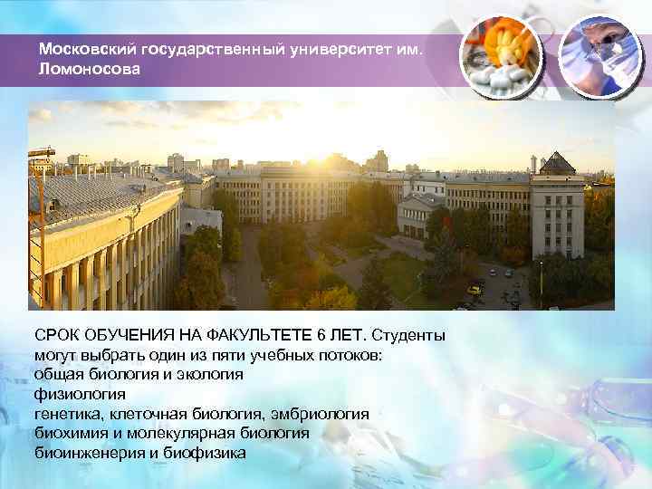 Московский государственный университет им. Ломоносова СРОК ОБУЧЕНИЯ НА ФАКУЛЬТЕТЕ 6 ЛЕТ. Студенты могут выбрать