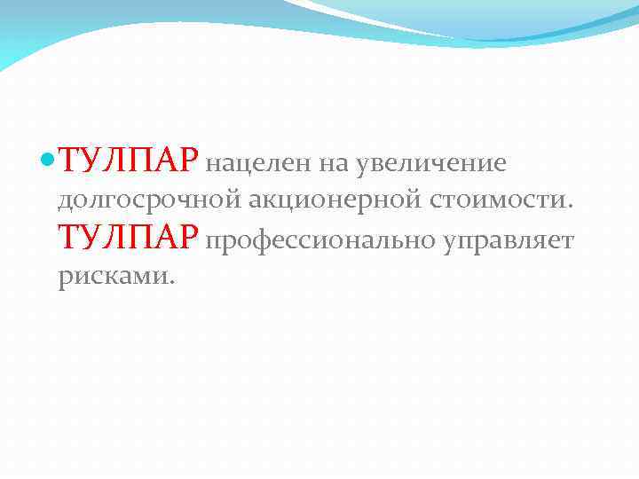  ТУЛПАР нацелен на увеличение долгосрочной акционерной стоимости. ТУЛПАР профессионально управляет рисками. 