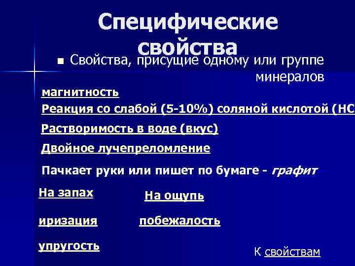 Специфические свойства или группе n Свойства, присущие одному минералов магнитность Реакция со слабой (5