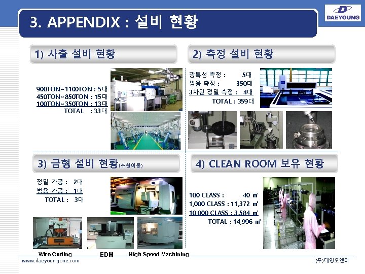 3. APPENDIX : 설비 현황 1) 사출 설비 현황 2) 측정 설비 현황 광특성