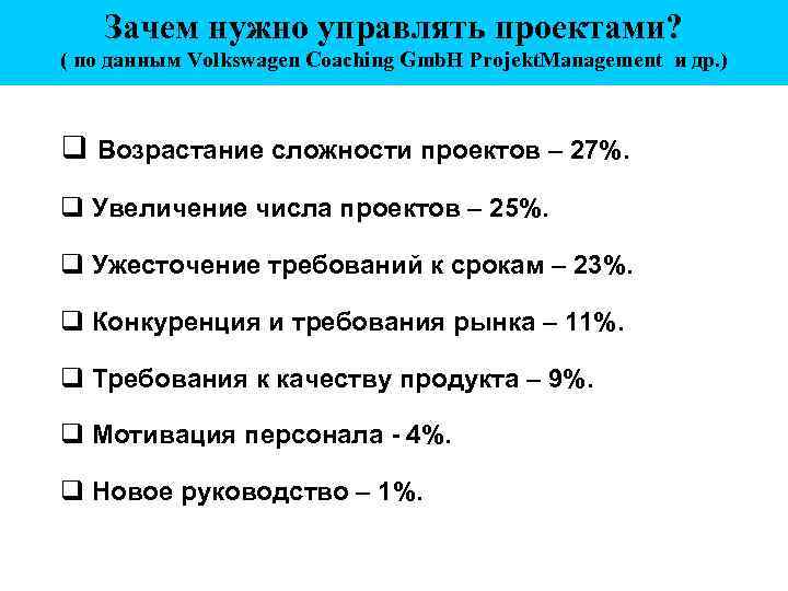 Зачем нужно управлять проектами? ( по данным Volkswagen Coaching Gmb. H Projekt. Management и