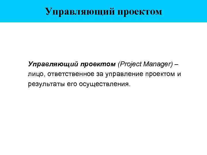 Управляющий проектом (Project Manager) – лицо, ответственное за управление проектом и результаты его осуществления.