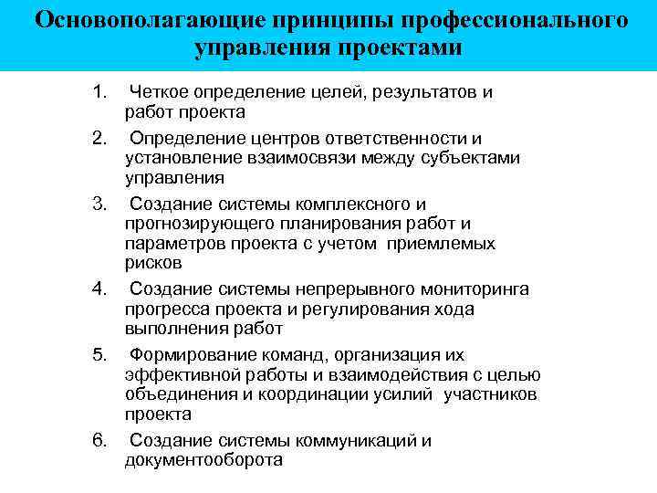  Основополагающие принципы профессионального управления проектами 1. 2. 3. 4. 5. 6. Четкое определение