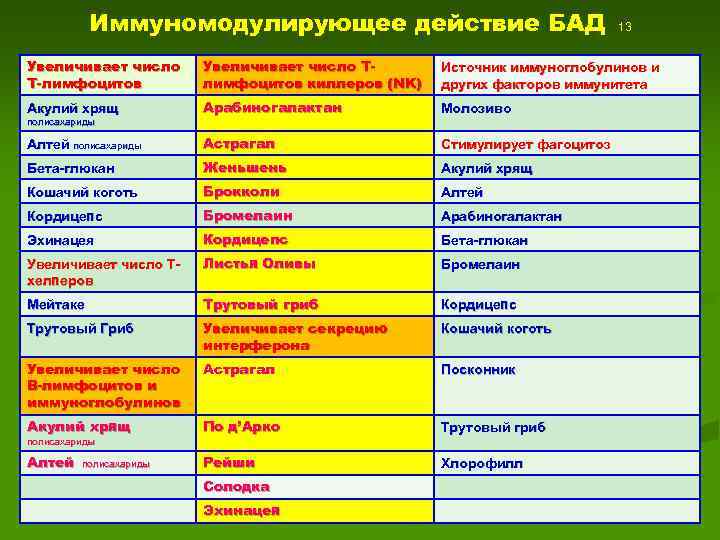 Иммуномодулирующее действие БАД 13 Увеличивает число Т-лимфоцитов Увеличивает число Тлимфоцитов киллеров (NK) Источник иммуноглобулинов