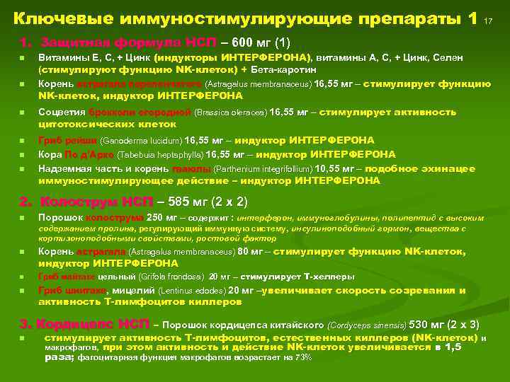 Ключевые иммуностимулирующие препараты 1 17 1. Защитная формула НСП – 600 мг (1) n