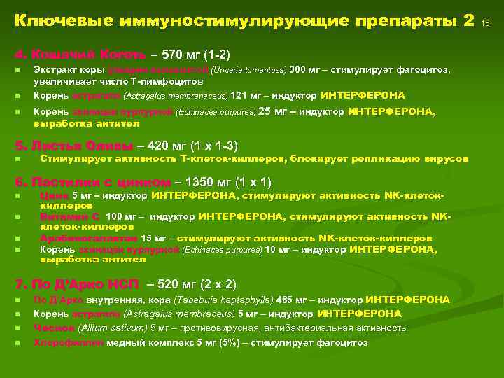Ключевые иммуностимулирующие препараты 2 4. Кошачий Коготь – 570 мг (1 -2) n n