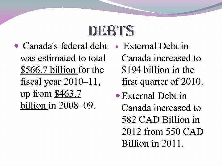 debts Canada's federal debt External Debt in was estimated to total Canada increased to