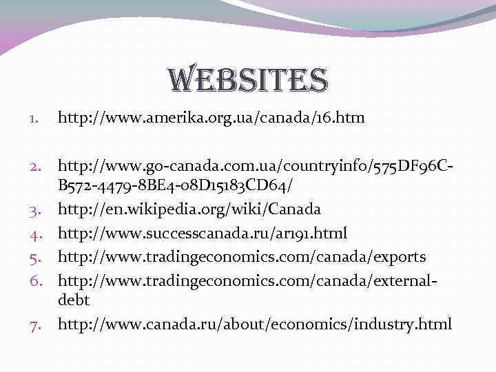 Websites 1. http: //www. amerika. org. ua/canada/16. htm 2. http: //www. go-canada. com. ua/countryinfo/575