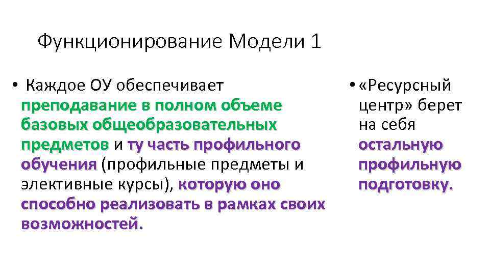 Функционирование Модели 1 • Каждое ОУ обеспечивает • «Ресурсный преподавание в полном объеме центр»