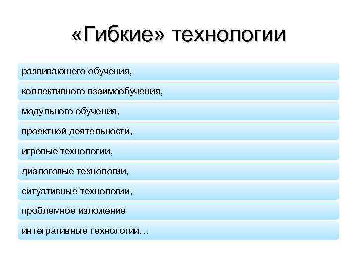  «Гибкие» технологии развивающего обучения, коллективного взаимообучения, модульного обучения, проектной деятельности, игровые технологии, диалоговые
