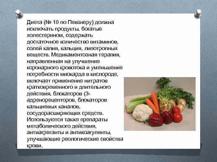 Диета (№ 10 по Певзнеру) должна исключать продукты, богатые холестерином, содержать достаточное количество витаминов,