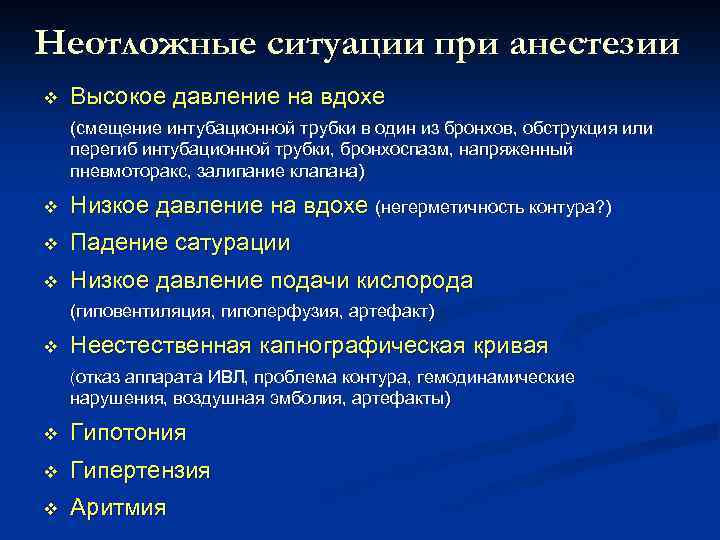 Неотложные ситуации при анестезии v Высокое давление на вдохе (смещение интубационной трубки в один