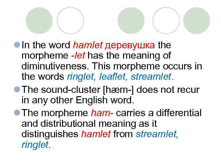 l In the word hamlet деревушка the morpheme -let has the meaning of diminutiveness.