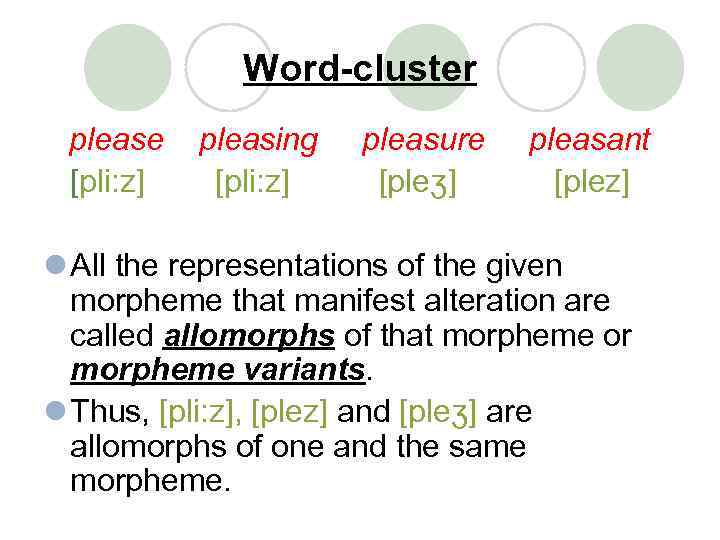 Word-cluster please pleasing pleasure pleasant [pli: z] [pleʒ] [plez] l All the representations of