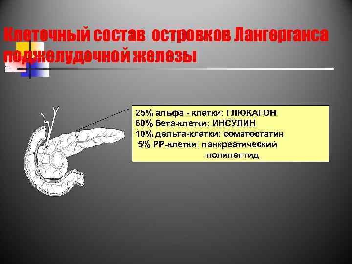 Клеточный состав островков Лангерганса поджелудочной железы 25% альфа - клетки: ГЛЮКАГОН 60% бета-клетки: ИНСУЛИН