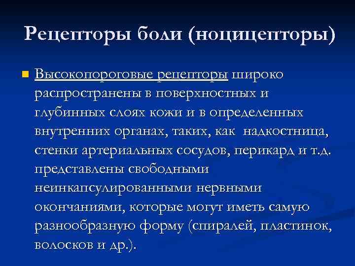 Рецепторы боли (ноцицепторы) n Высокопороговые рецепторы широко распространены в поверхностных и глубинных слоях кожи