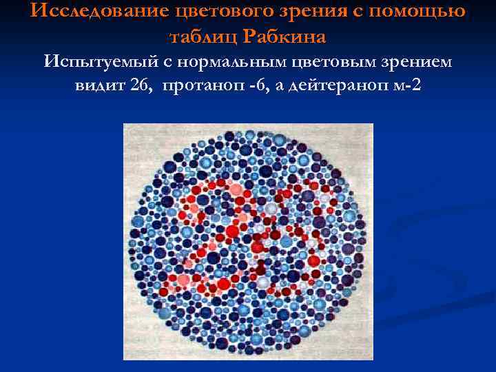 Исследование цветового зрения с помощью таблиц Рабкина Испытуемый с нормальным цветовым зрением видит 26,