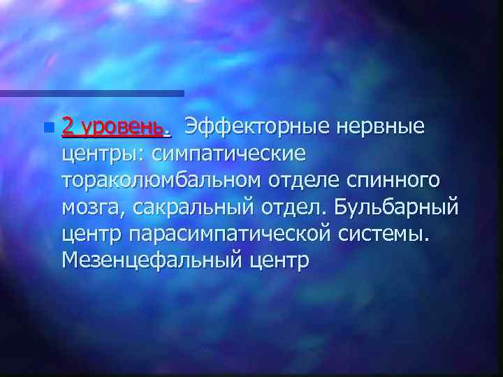 n 2 уровень. Эффекторные нервные центры: симпатические тораколюмбальном отделе спинного мозга, сакральный отдел. Бульбарный