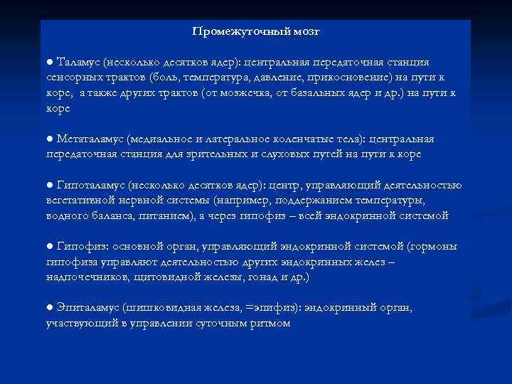 Промежуточный мозг ● Таламус (несколько десятков ядер): центральная передаточная станция сенсорных трактов (боль, температура,