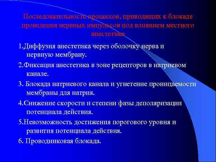 Последовательность процессов, приводящих к блокаде проведения нервных импульсов под влиянием местного анестетика 1. Диффузия