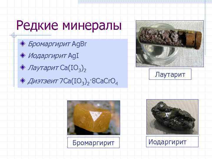 Редкие минералы Бромаргирит Ag. Br Иодаргирит Ag. I Лаутарит Ca(IO 3)2 Диэтзеит 7 Ca(IO