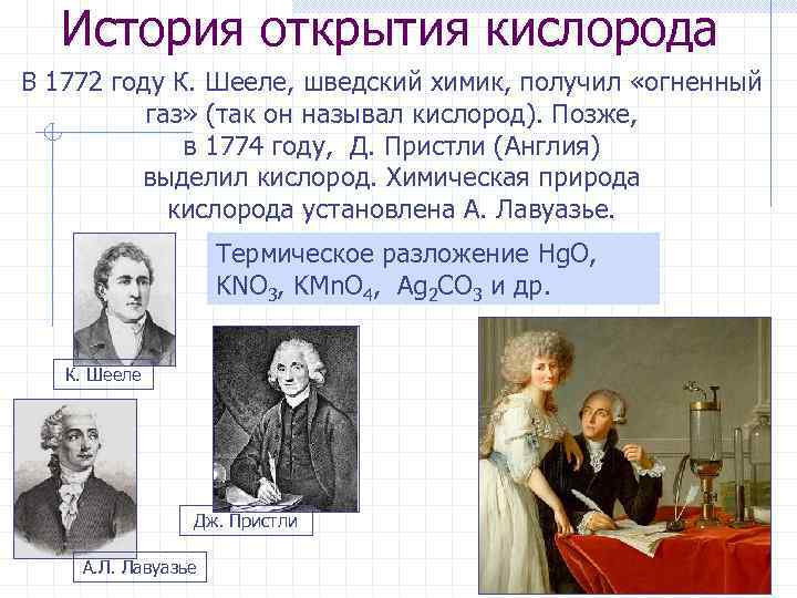 История открытия кислорода В 1772 году К. Шееле, шведский химик, получил «огненный газ» (так