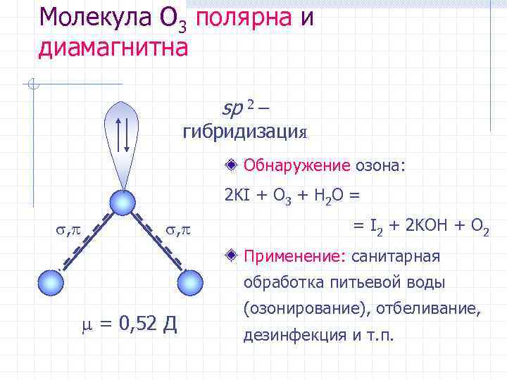 Молекула O 3 полярна и диамагнитна sp 2 – гибридизация Обнаружение озона: 2 KI