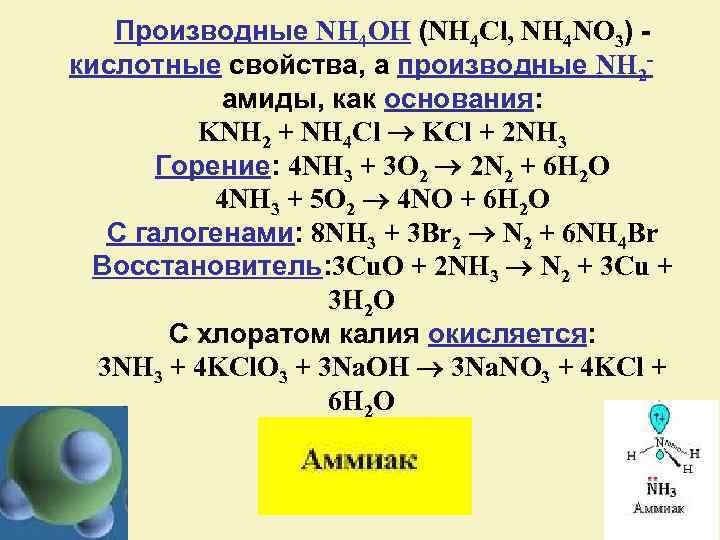 NH 4 OH (NH 4 Cl, NH 4 NO 3) - кислотные свойства, а производные NH 2...