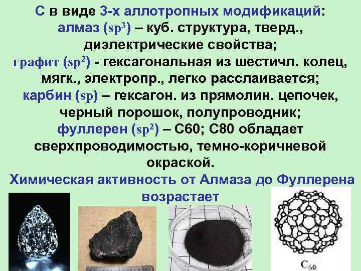 C в виде 3 -х аллотропных модификаций: алмаз (sp 3) – куб. структура, тверд.