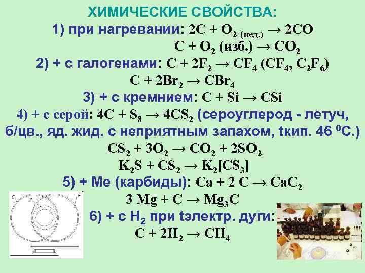 ХИМИЧЕСКИЕ СВОЙСТВА: 1) при нагревании: 2 C + O 2 (нед. ) → 2