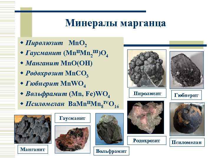 Минералы марганца w Пиролюзит Mn. O 2 w Гаусманит (Mn. IIMn 2 III)O 4