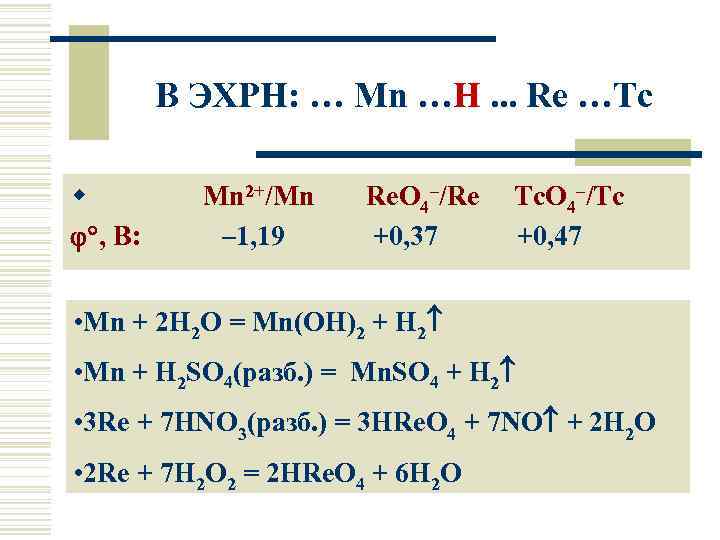  В ЭХРН: … Mn …H. . . Re …Tc w Mn 2+/Mn ,