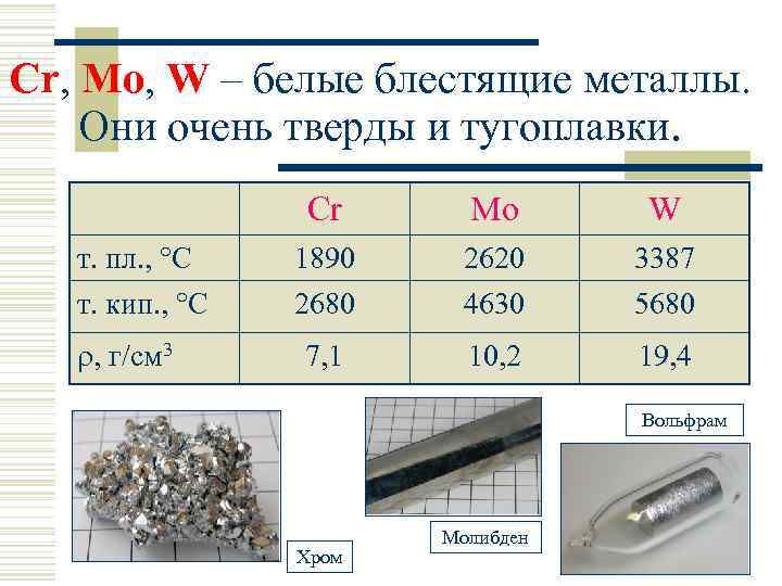 Сr, Mo, W – белые блестящие металлы. Они очень тверды и тугоплавки. т. пл.