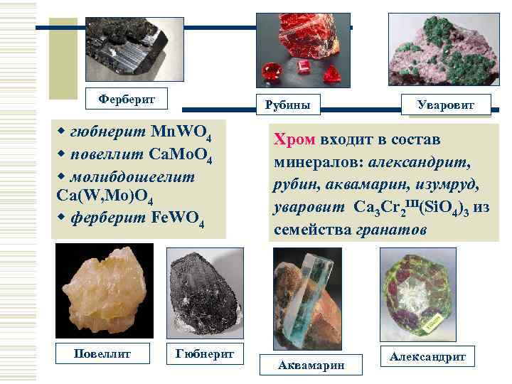 Минералы Ферберит Рубины w гюбнерит Mn. WO 4 w повеллит Ca. Mo. O 4