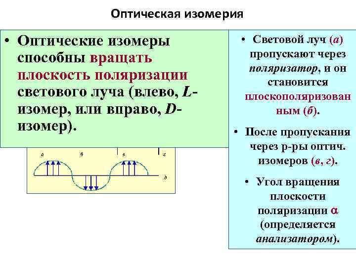 Оптическая изомерия • Оптические изомеры способны вращать плоскость поляризации светового луча (влево, L изомер,