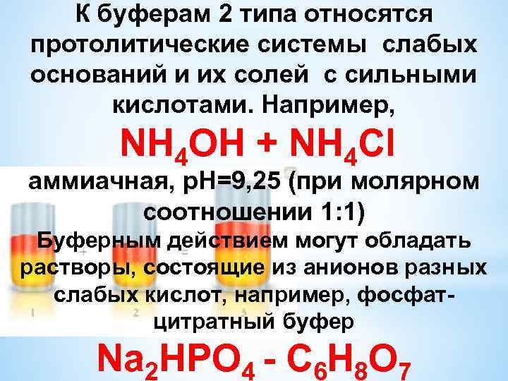 К буферам 2 типа относятся протолитические системы слабых оснований и их солей с сильными