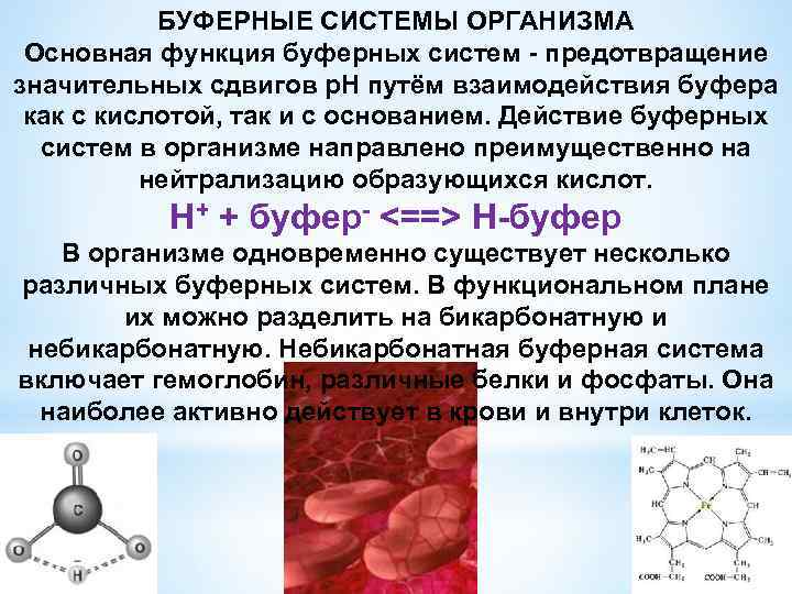 БУФЕРНЫЕ СИСТЕМЫ ОРГАНИЗМА Основная функция буферных систем - предотвращение значительных сдвигов р. Н путём