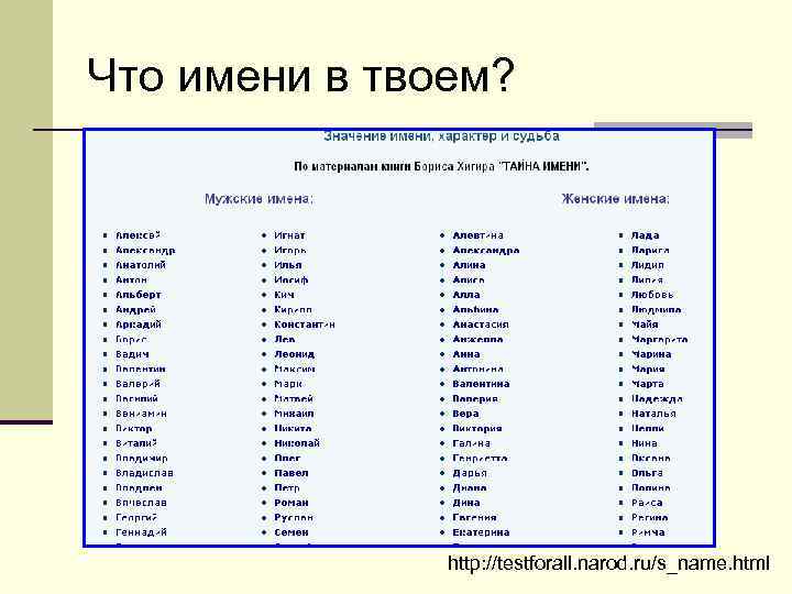 Что имени в твоем? http: //testforall. narod. ru/s_name. html 