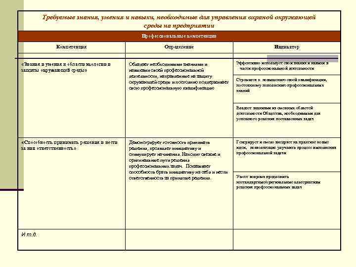 Требуемые знания, умения и навыки, необходимые для управления охраной окружающей среды на предприятии Профессиональные