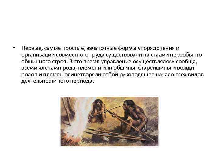  • Первые, самые простые, зачаточные формы упорядочения и организации совместного труда существовали на