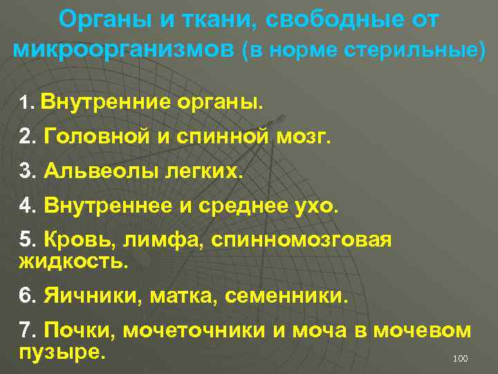 Органы и ткани, свободные от микроорганизмов (в норме стерильные) 1. Внутренние органы. 2. Головной