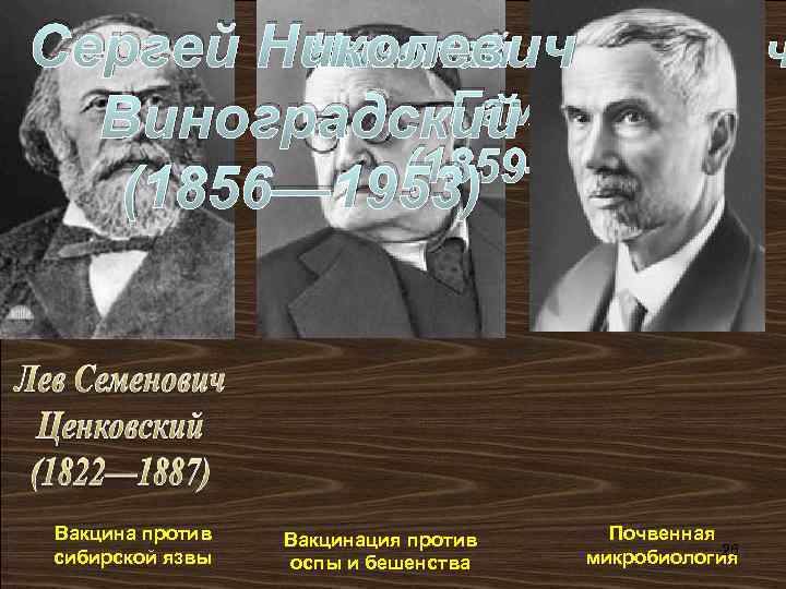 Сергей Николевич Николай Федорович Гамалея Виноградский (1859— 1949) (1856— 1953) Вакцина против сибирской язвы