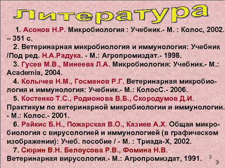 1. Асонов Н. Р. Микробиология : Учебник. - М. : Колос, 2002. – 351
