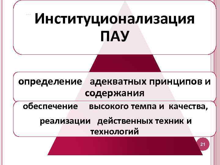 … Институционализация ПАУ определение адекватных принципов и содержания обеспечение высокого темпа и качества, реализации